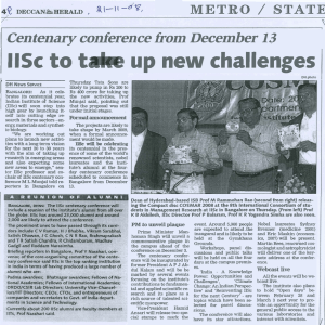 IISc to take up new challenges || Deccan Herald || 21-11-2008