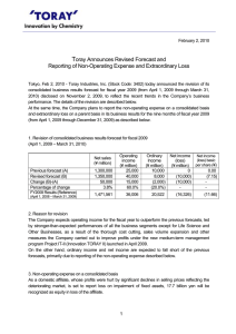 Toray Announces Revised Forecast and Reporting of Non