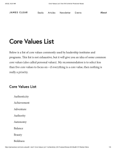 Core Values List  Over 50 Common Personal Values