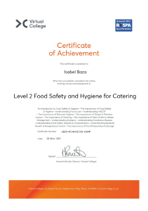 Isabel Baza - Level 2 Food Safety and Hygiene for Catering