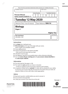 June 2020 QP - Paper 1 (H) Edexcel Biology GCSE
