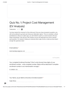 Quiz No. 1  Project Cost Management (EV Analysis)