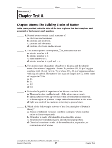 Chapter 3 - Atoms: The Building Blocks of Matter test