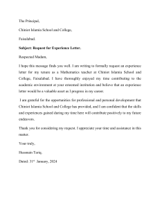 application for experience letter Hussnain Tariq