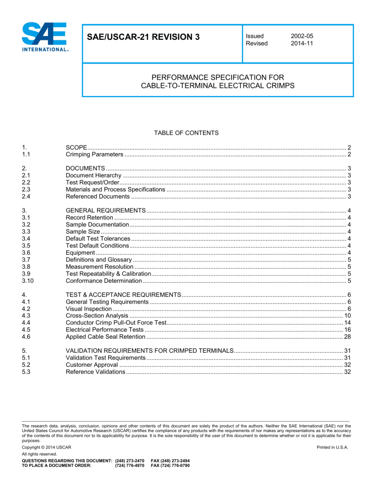 SAE/USCAR-21: Cable-to-Terminal Electrical Crimp Performance