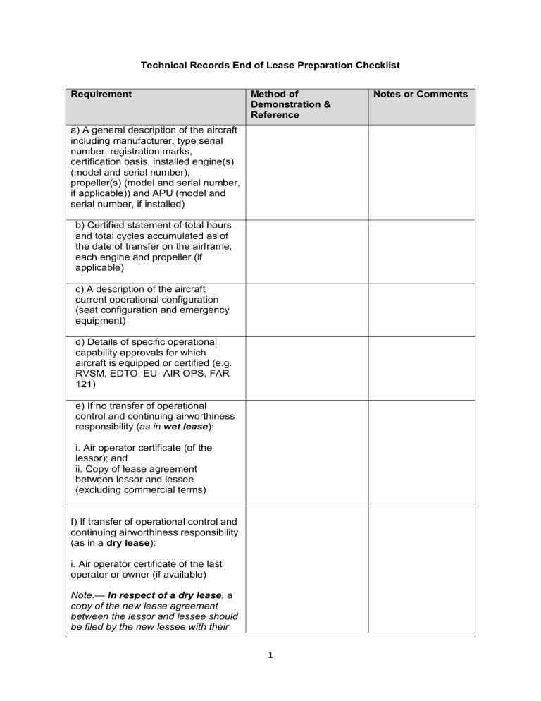 Aircraft Lease End Checklist: Technical Records Prep