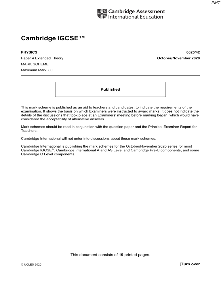 Cambridge IGCSE Physics 0625/42 Mark Scheme Oct/Nov 2020