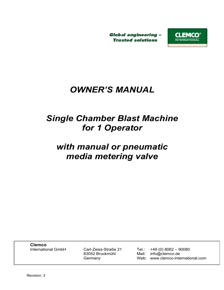 Clemco Blast Machine Owner's Manual | Single Chamber
