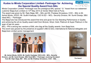MCL-Pantnagar won BAL special “ Q ” Award from Bajaj Auto Limited