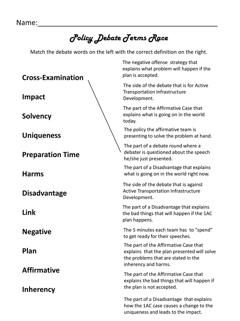 Policy Debate Terms Matching Worksheet