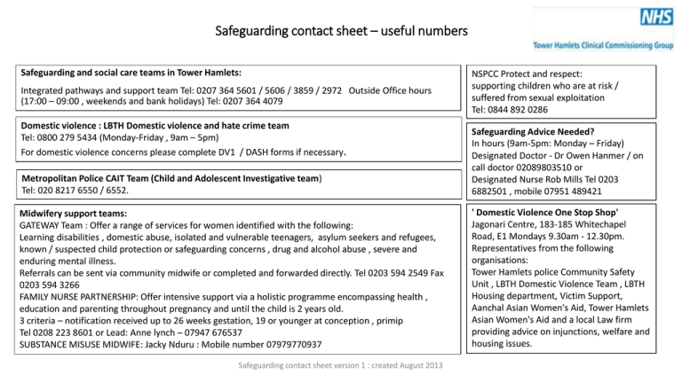 Safeguarding Contact Sheet Useful Numbers