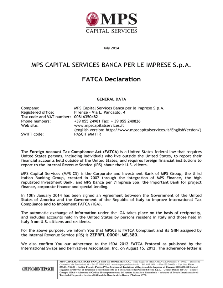 Fatca Declaration Mps Cs Mps Capital Services Banca Per Le