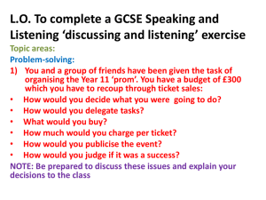 L.O. To complete a GCSE Speaking and Listening *discussing and