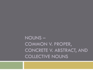 Nouns * common v. proper, concrete v. abstract, and collective nouns