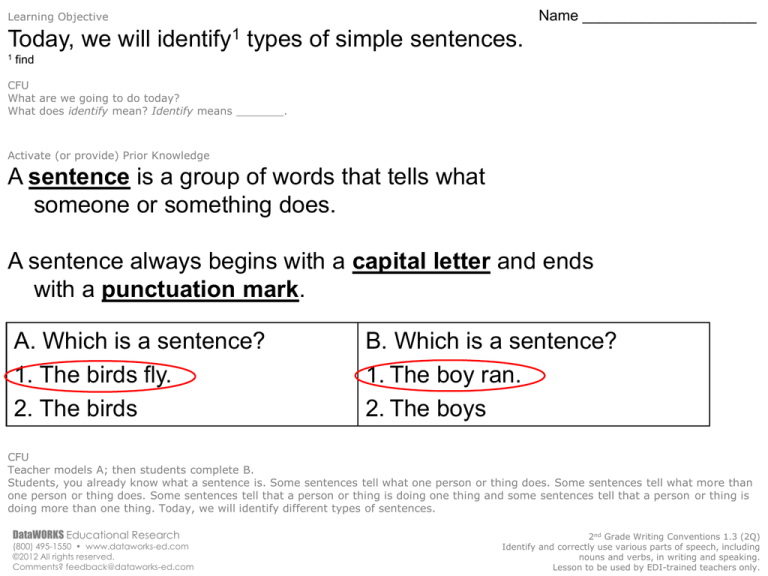 2nd ELA WC 1 3 TYPES SIMPLE SENTENCES DW