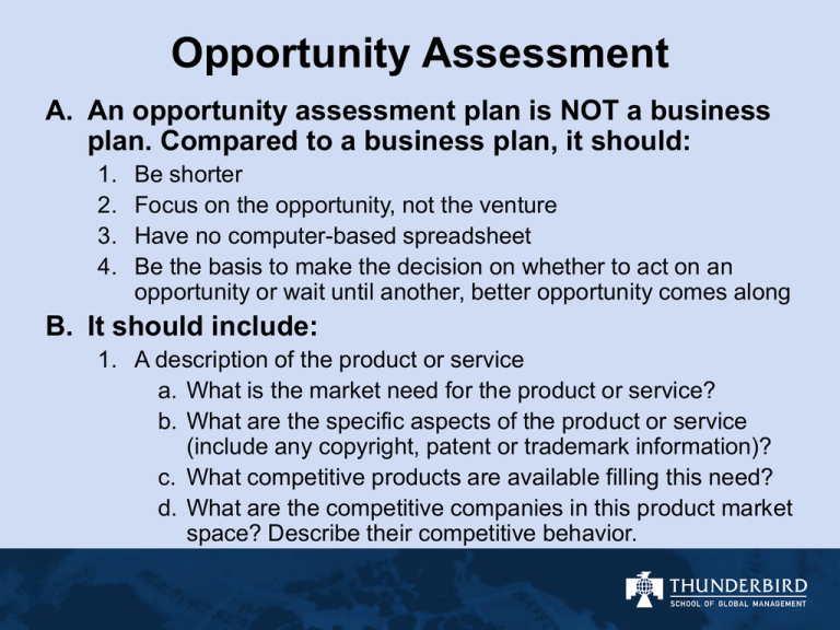 opportunity assessment plan vs business plan
