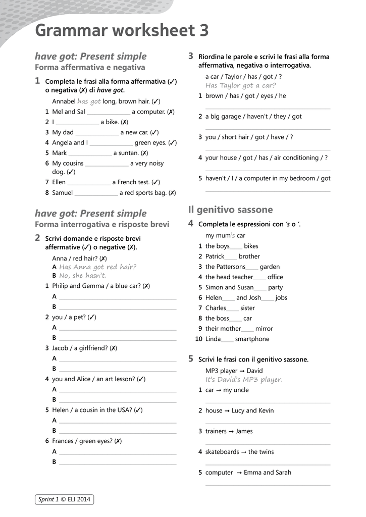 Grammar Worksheet 3 Have Got Present Simple
