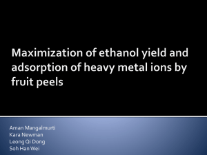Ethanol yield from fruit peels and adsorption of heavy metal ions
