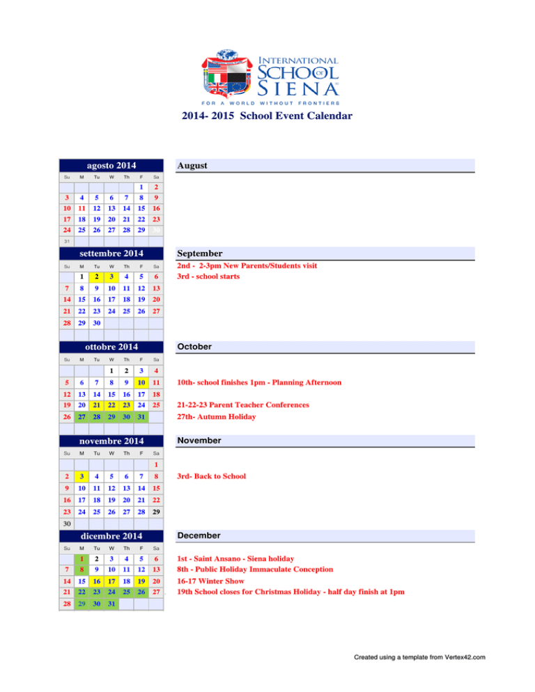 Calendar International school of Siena