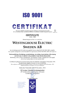 This is to certify that: WESTINGHOUSE ELECTRIC SWEDEN AB