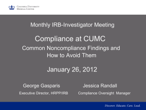 Compliance at CUMC – Common Noncompliance Findings and