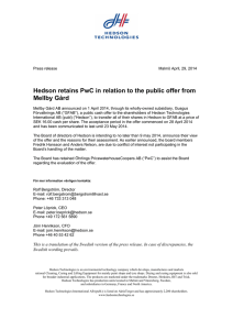 Hedson retains PwC in relation to the public offer from Mellby Gård
