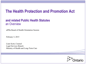 The Health Protection and Promotion Act and related Public Health