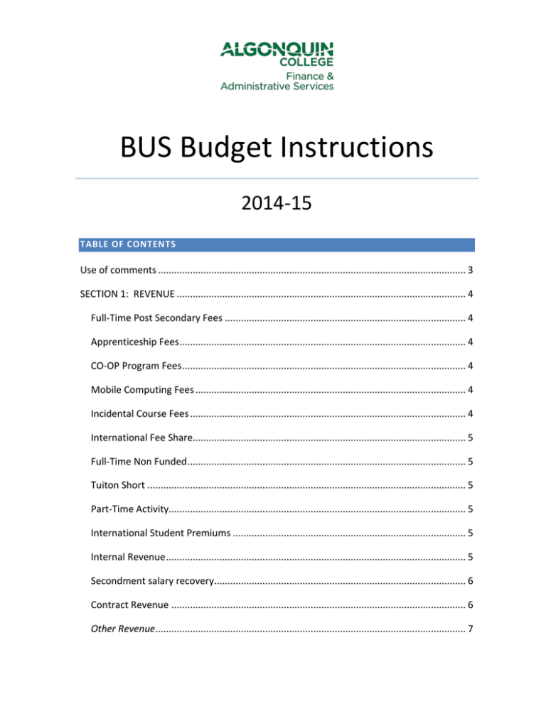 BUS Budget Instructions