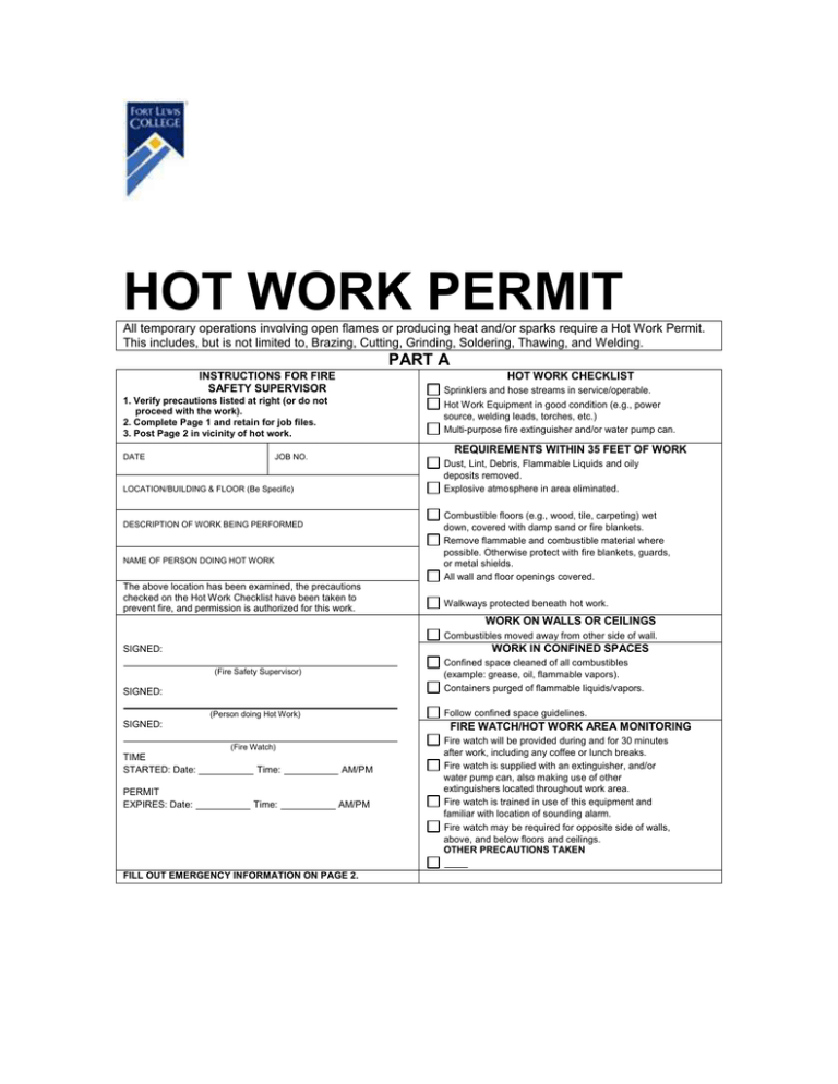 Hot Work Permit Checklist Safety Procedures Hot Work Permit Checklist Safety Procedures
