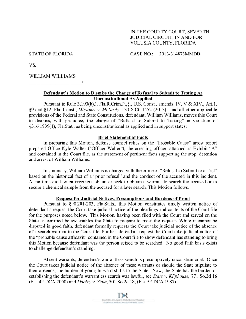 State of Florida v. Williams Motion To Dismiss
