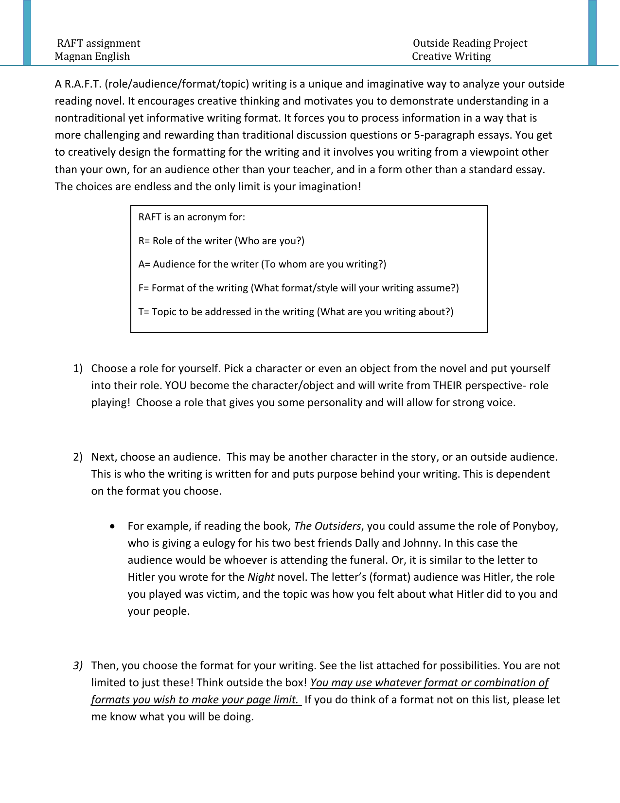 RAFT assignment Outside Reading Project Magnan English