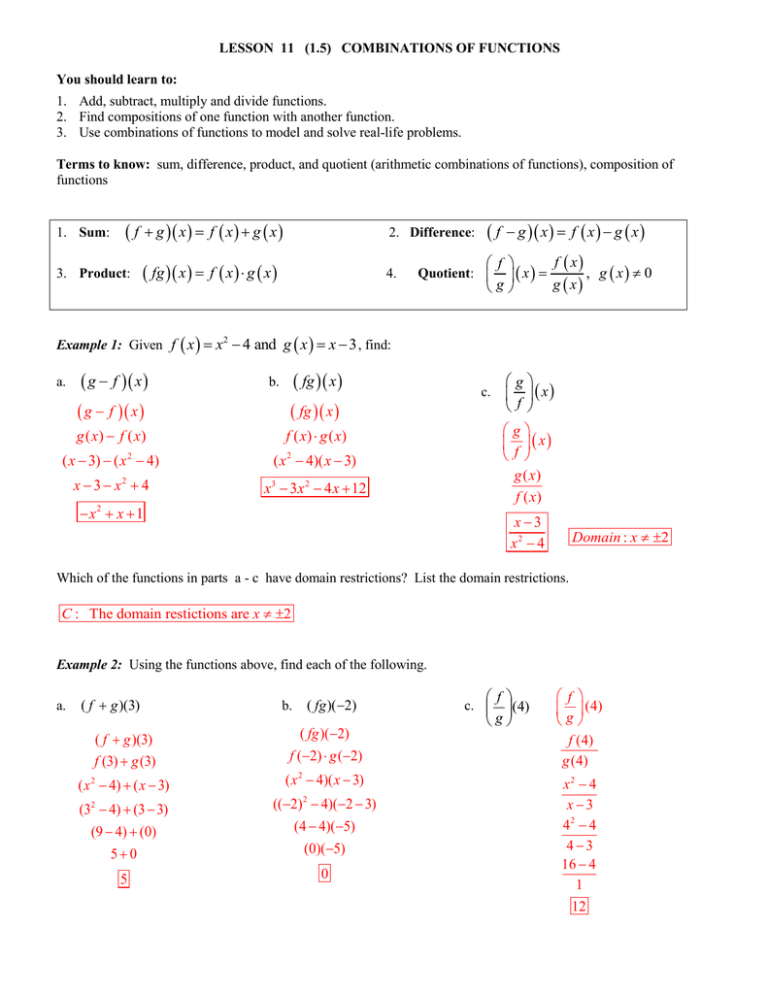 Lesson 11 1 5 Combinations Of Functions You Should