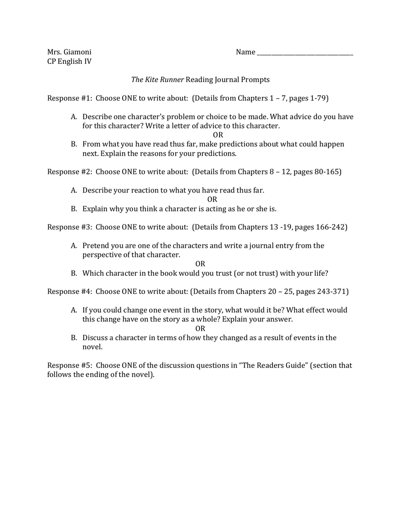 Kite Runner Reading Journals