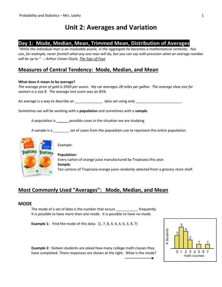 PS Unit 2 Notes - Averages and Variations