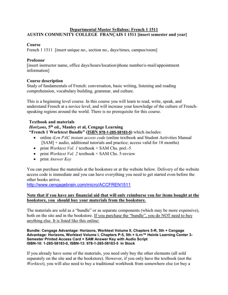Departmental Master Syllabus French 1 1511 AUSTIN