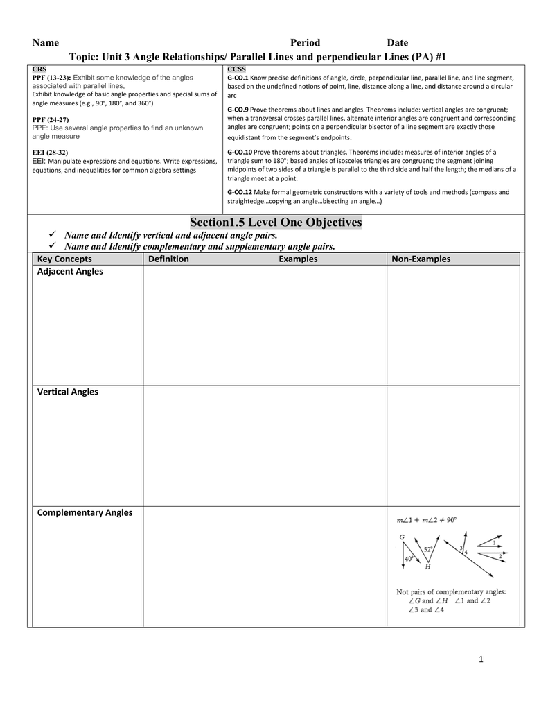 Angle Pair Relationships Practice Worksheet