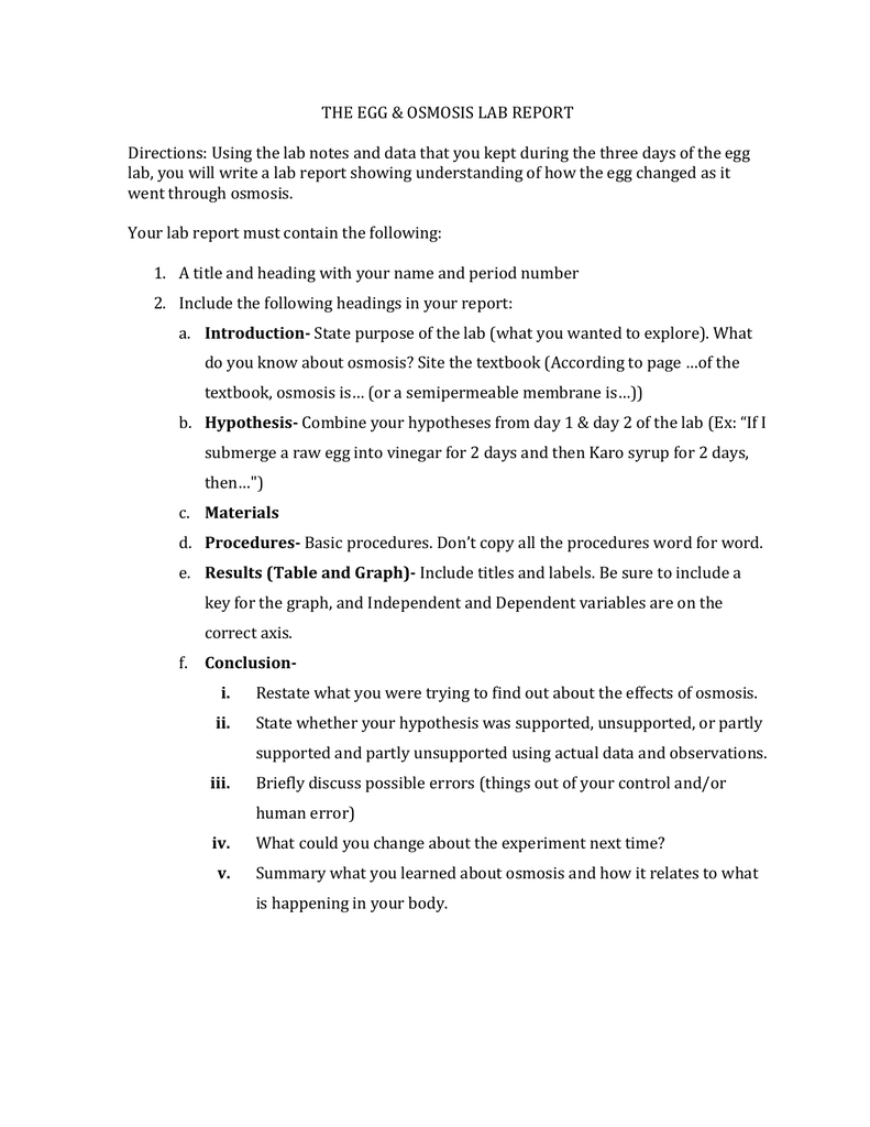 The Egg Osmosis Lab Report Directions Using The Lab Notes