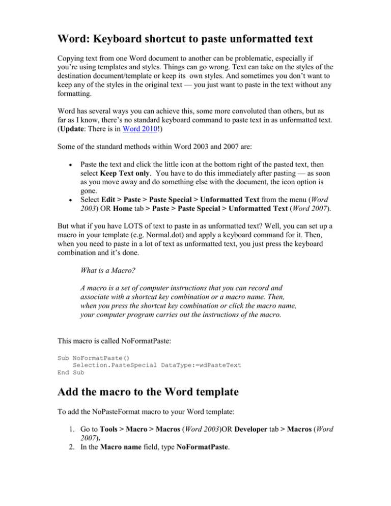 word keyboard shortcut paste without formatting