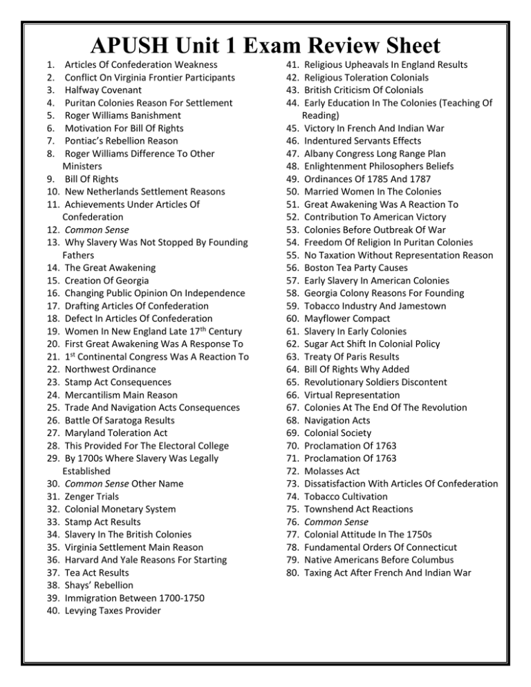 APUSH Unit 1 Exam Review Sheet