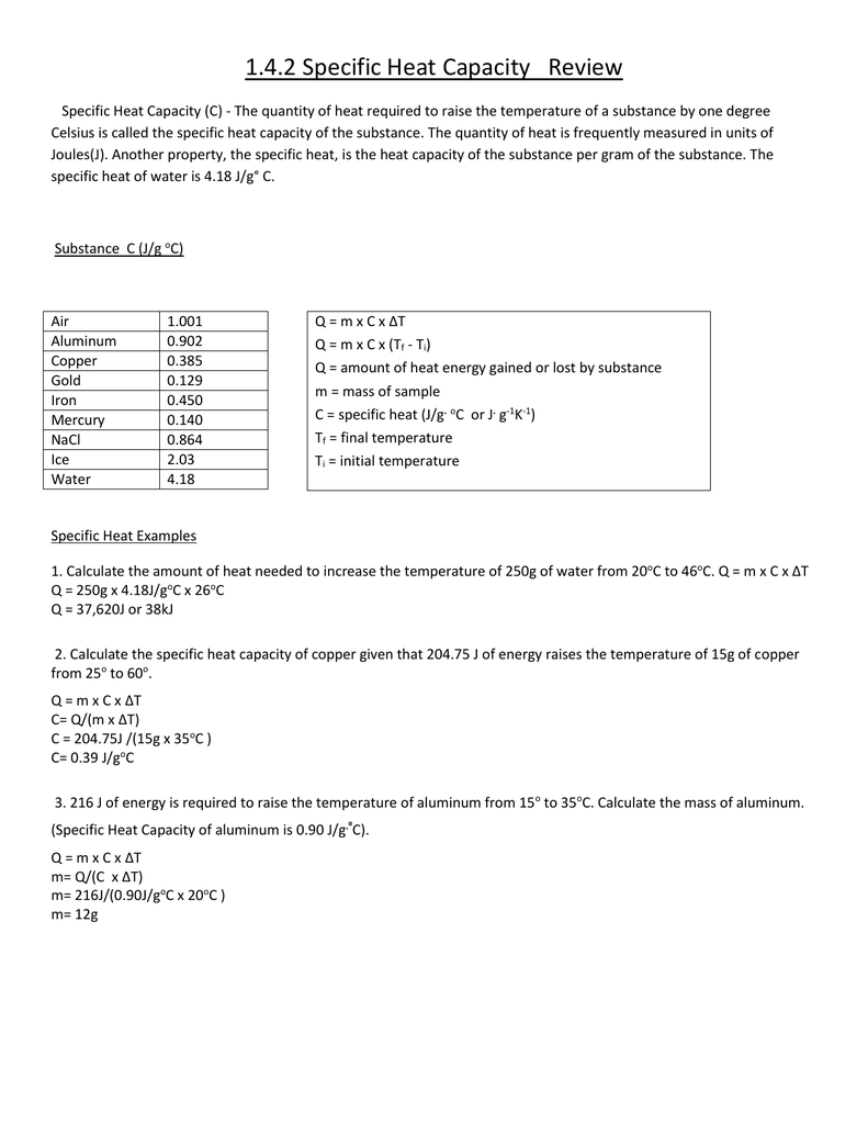 1 4 2 Specific Heat Capacity Review