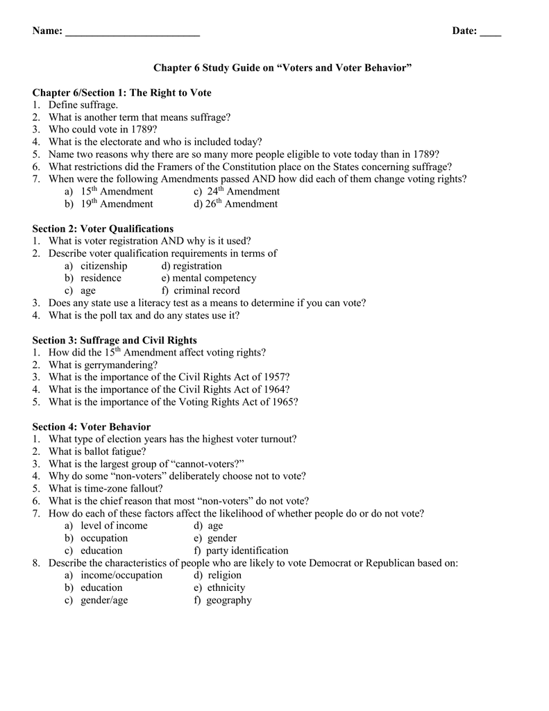 Name Date Chapter 6 Study Guide On Voters And Voter