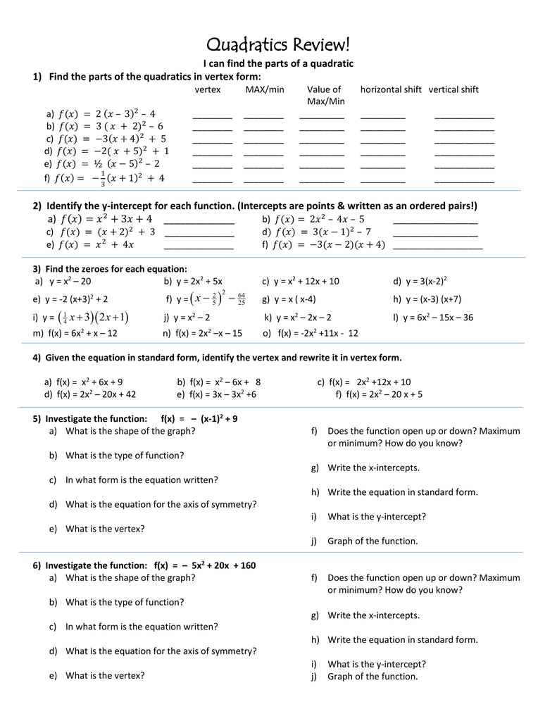 Quadratics Review 1 Quadrtics Test Review 1