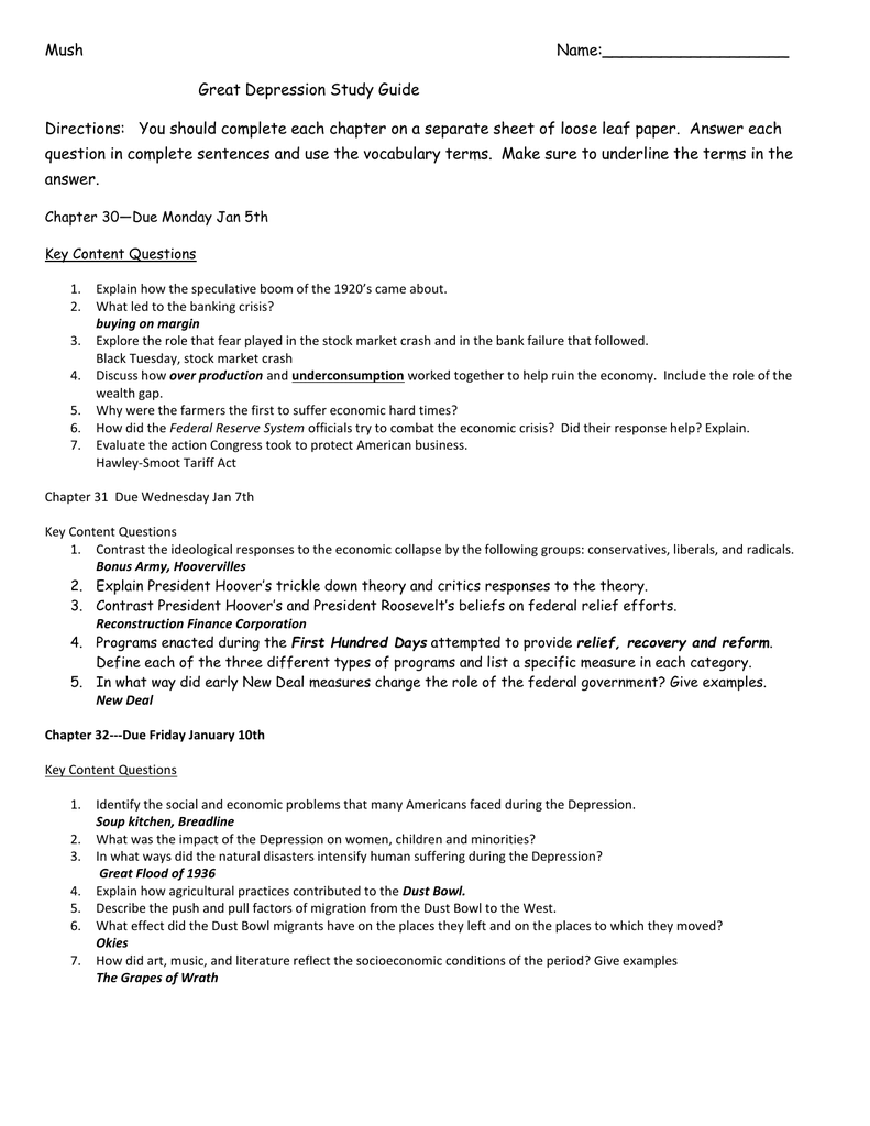 Mush Name Great Depression Study Guide Directions You Should Mush Name Great Depression Study Guide Directions You Should