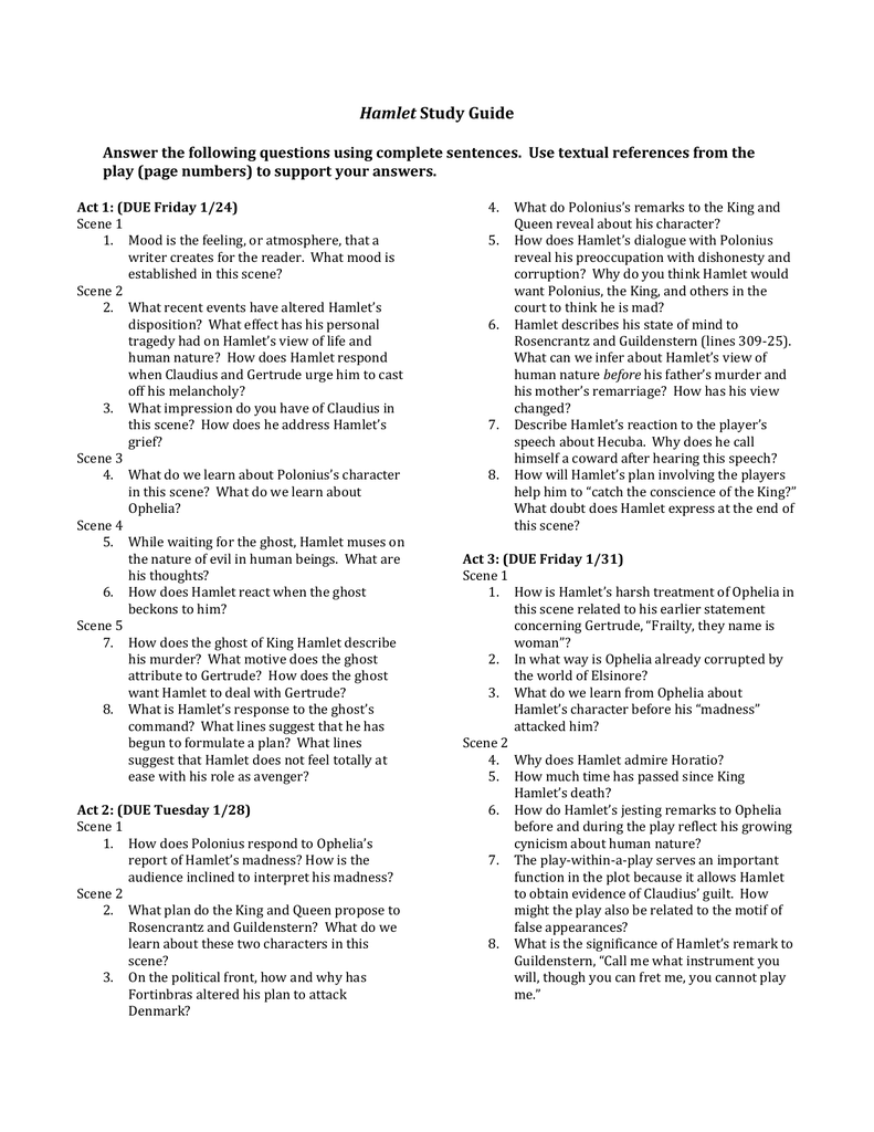 Hamlet Study Guide Answer The Following Questions Using Complete Hamlet Study Guide Answer The Following Questions Using Complete