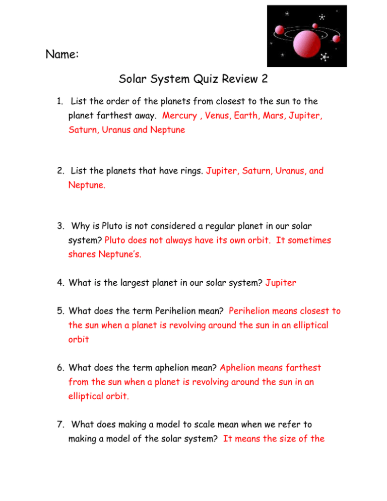 Grade Solar System Questions