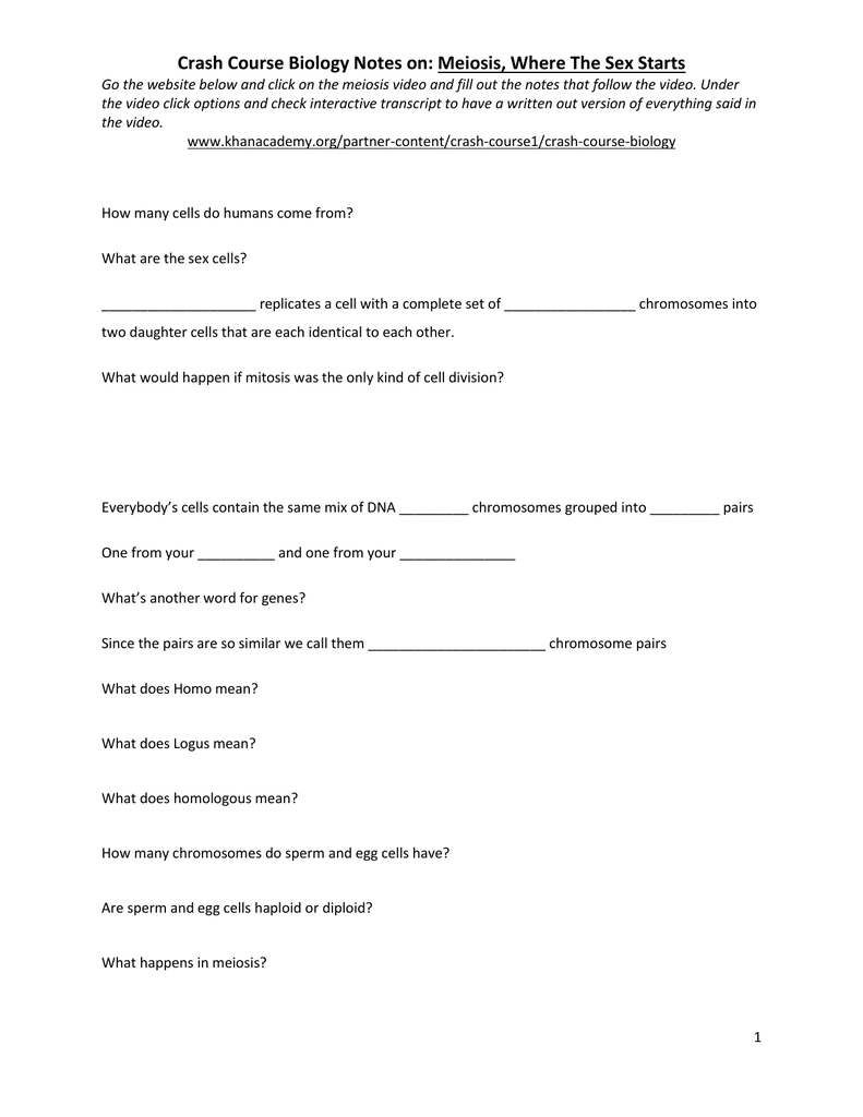 Crash Course Mitosis Worksheet Answer Key