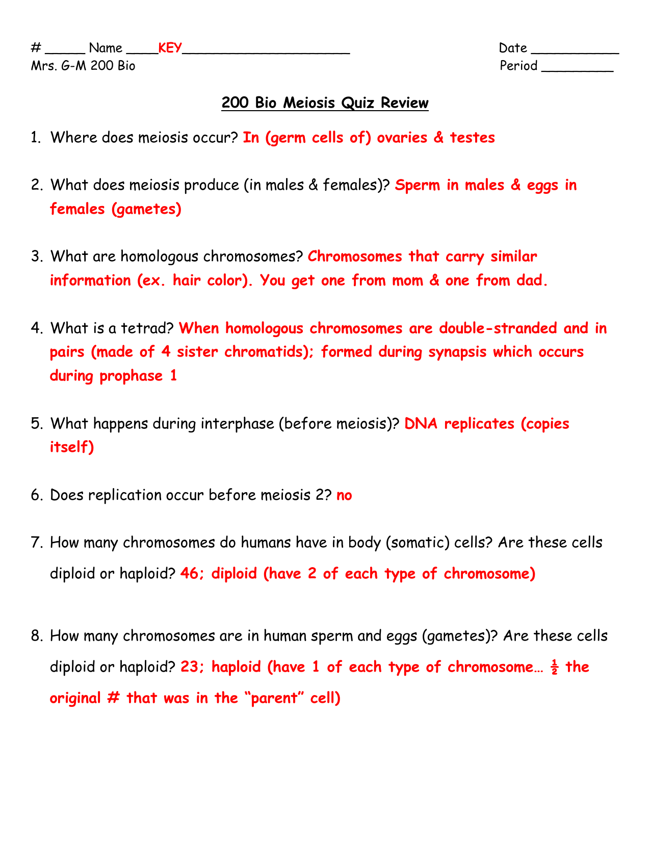 Quiz Questions About Meiosis - QUIZ