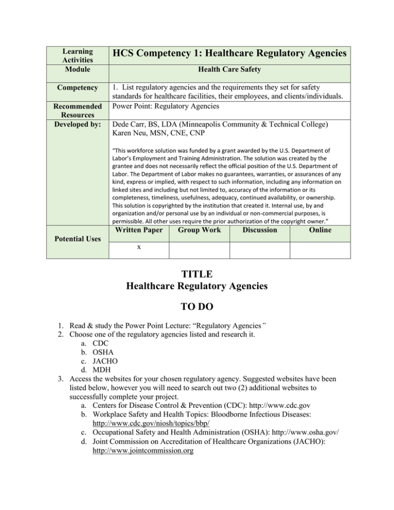 healthcare safety regulatory agencies assignment quizlet