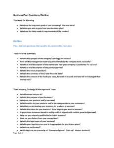 Business Plan Outline and Key Questions