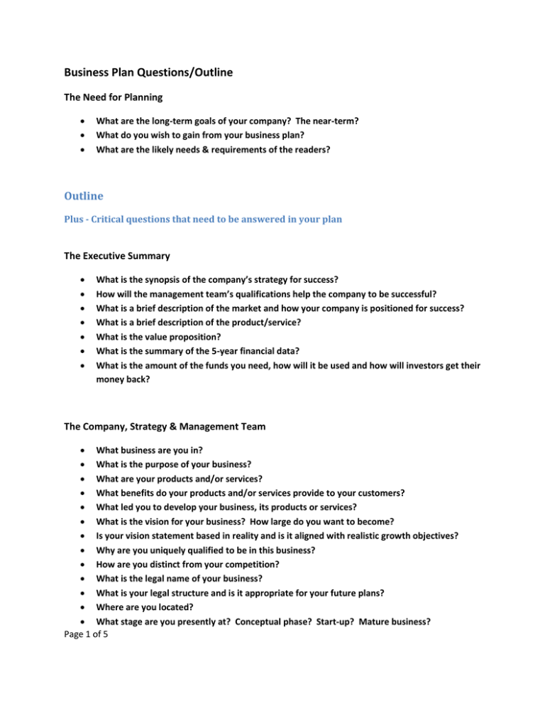 business plan sample questions